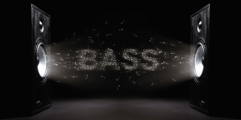 Two sound speakers with text bass between them on black  background. Black and white image.