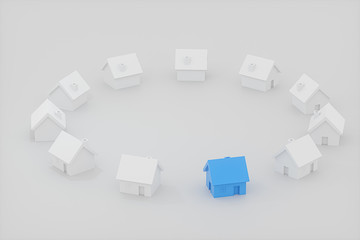 Fototapeta na wymiar A small blue house model beside the white houses, 3d rendering.