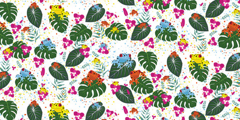 Rain forest tropical jungle seamless pattern with colorful poison dart frogs and foliage.