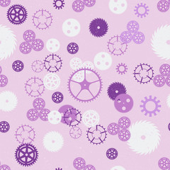 Seamless repeat vector pattern of steampunk gear wheels textured on pink background.