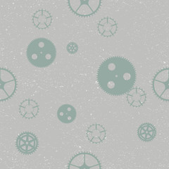 Seamless repeat vector pattern of steampunk gear wheels textured on green background.