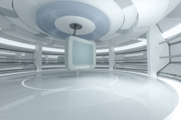 White monitor with white background, empty room, 3d rendering.