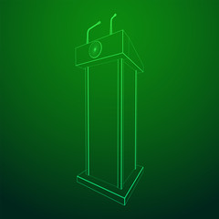 Speaker Podium. White Tribune Rostrum Stand with Microphones. Debate, press conference concept. Wireframe low poly mesh vector illustration