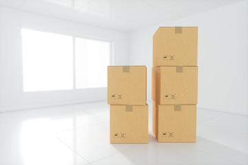 Stacked cardboard in the empty room, with sunlight come from the windows, 3d rendering.