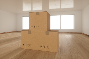 Stacked cardboard in the empty room, with sunlight come from the windows, 3d rendering.