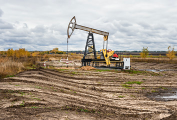 Oil pumps. Oil rocking chair. Equipment for the oil industry. Industrial landscape