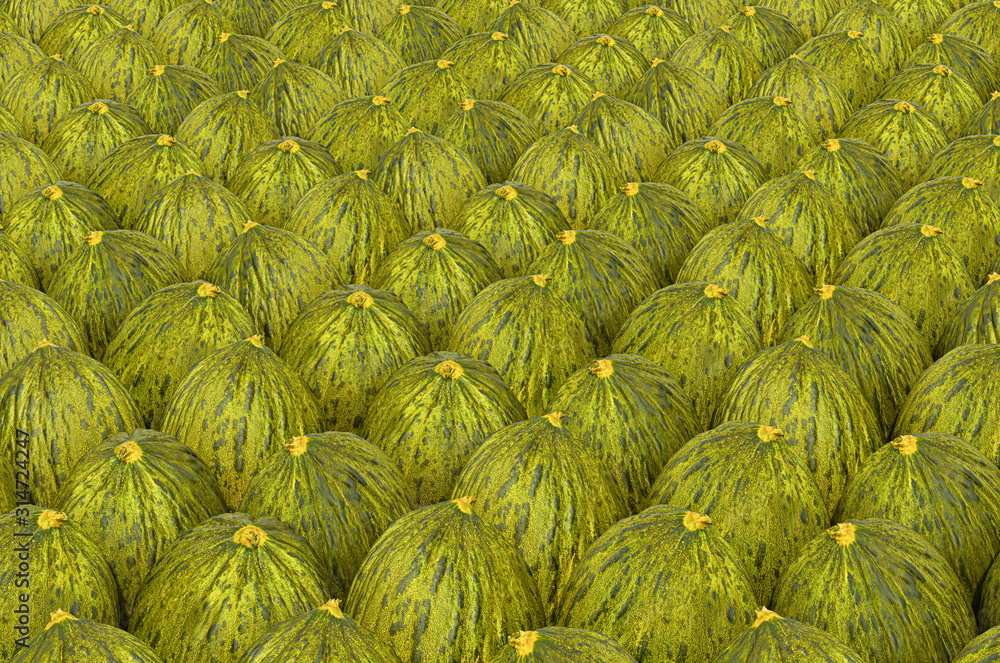 Poster background from christmas melons with realistic texture, 3d rendering