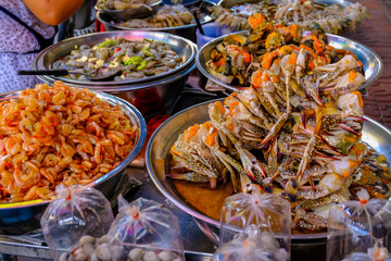 Seafoods selling in China town walking street, Yaowarat, Bangkok