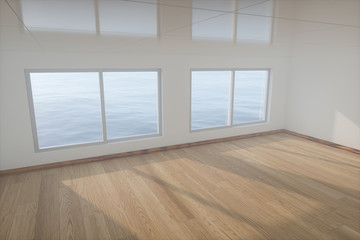The empty room with wooden floor. Out of the window is the sea. 3d rendering.