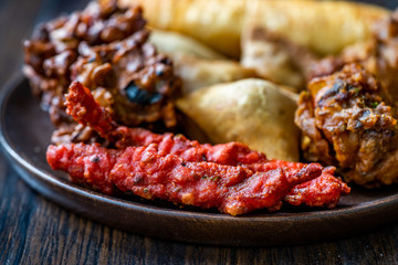 Indian Chicken Pakora with Samosas / Samsa, Pakora and Alo Tikki.