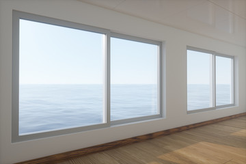 Fototapeta na wymiar The empty room with wooden floor. Out of the window is the sea. 3d rendering.