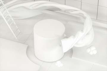 Creative cartoon room with a round podium in the centre, 3d rendering,