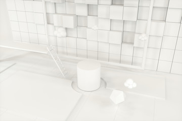 Creative cartoon room with a round podium in the centre, 3d rendering,