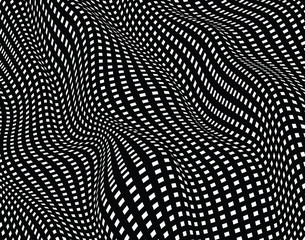 Abstract 3d background with optical illusion wave. Black and white horizontal lines with wavy distortion effect for prints, web pages, template, posters, monochrome backgrounds and pattern