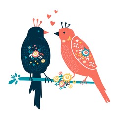 Couple Love Birds. Silhouette  with branches, hearts and flowers. Valentines day card