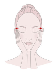 Beautiful girl. Self-massage of the area of wrinkles around the eyes. Vector illustration