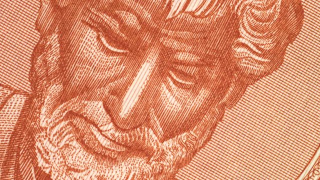 Aristotle on 10000 Greece drachma (1947) banknote rotated. Genius Ancient Greek philosopher, tutor of Alexander the Great. 4K