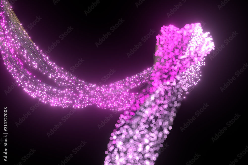 Poster glowing purple particles and motion lines, 3d rendering.