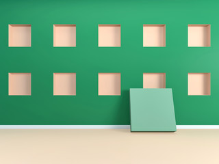 Abstract green and coral mockup background with square holes in wall; minimal geometric concept space; empty showcase; primitive shapes; niche 3d rendering, 3d illustration