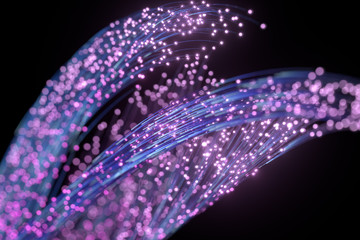 Glowing purple particles and motion lines, 3d rendering.