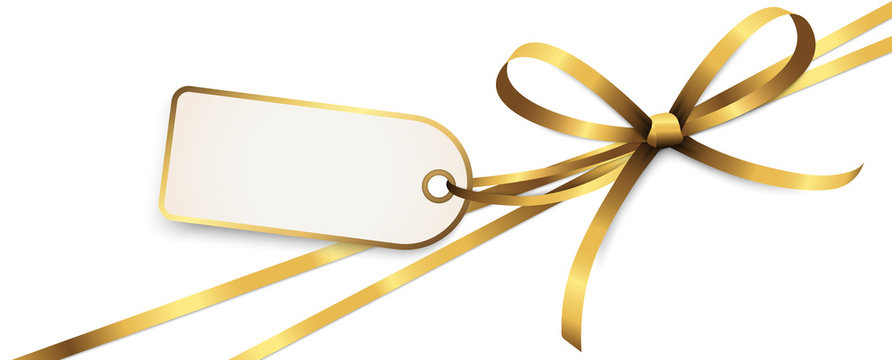 gold colored ribbon bow with hang tag