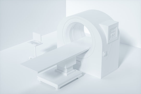 The medical equipment CT machine in the white empty room, 3d rendering.