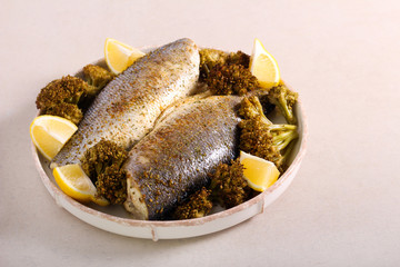 Baked seabass fish with broccoli