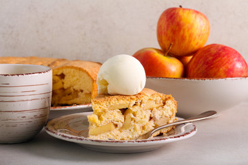Apple cake with scoop of ice cream, served
