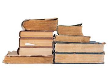 stack of old book, isolated on white background, education retro concept background, many books piles with copy space for text.