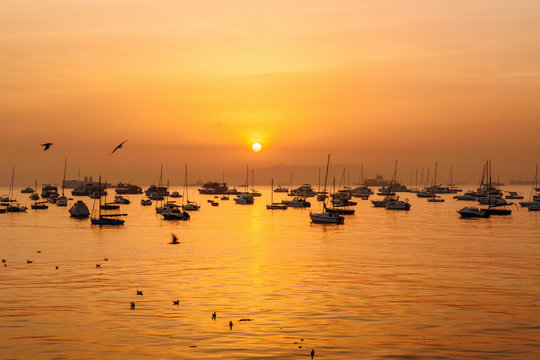 Fisherman boats in water of Arabian Sea on sunrise. Mumbai. India