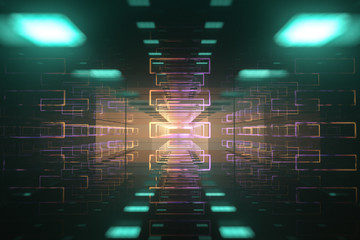 Fototapeta premium The dark glossy tunnel with glowing top light, fantasy scene, 3d rendering.