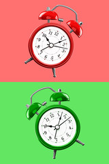 Two colored alarm clocks on a background of colored squares of the opposite color.