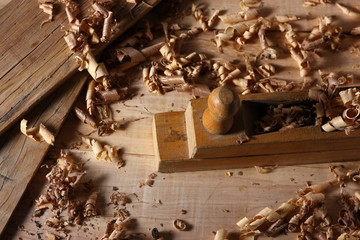 joiner's table with shavings and tools after work