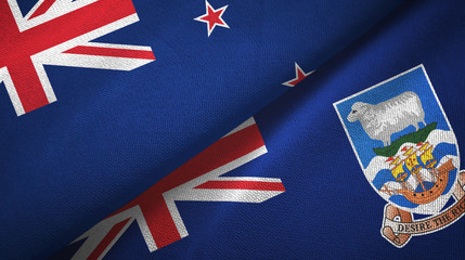 New Zealand and Falkland Islands two flags textile cloth, fabric texture