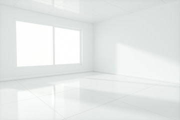 Naklejka na ściany i meble The white empty room with sunlight coming from the window, 3d rendering.