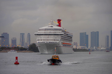 Modern cruise ship liner in the port of Miami, Florida doing Caribbean cruises for dream holiday or...