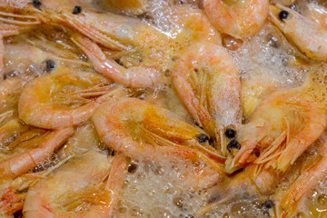 prawns, view from above, close-up. Cooking sea food, home-cooked food