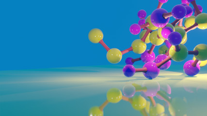physics  molecule model. Science or medical background with molecules and atoms, abstract physics concept of molecular structures models, colorful nuclear physics 3d rendering 