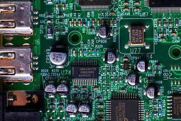 printed circuit Board with chips and radio components electronics