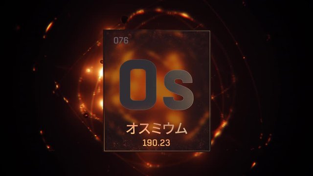 Osmium as Element 76 of the Periodic Table. Seamlessly looping 3D animation on orange illuminated atom design background orbiting electrons name, atomic weight element number in Japanese language
