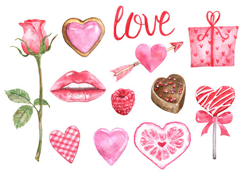 Valentine's day symbols set. Watercolor hand painted elements, isolated on white background. Pink hearts, sweets, sugar cookie, lips, rose, gift box, heart shaped lollipop, candy