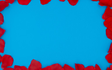Red rose petals forming a frame on blue background.