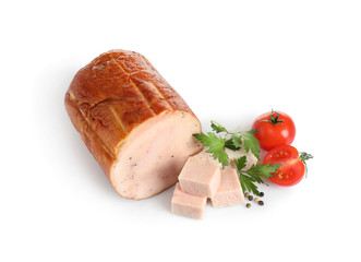 Tasty ham with cherry tomatoes, parsley and pepper isolated on white