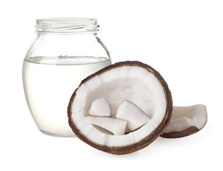 Composition with coconut oil on white background