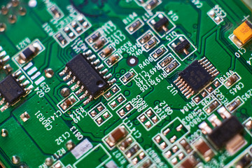 printed circuit Board with chips and radio components electronics