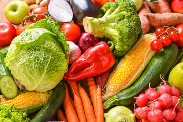 Composition with assorted raw fresh mix vegetables. Variety vegetable top view background.