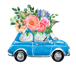 Watercolor blue abstract vintage car in cartoon style with floral bouquet. Hand painted cute romantic car and blush pink flower arrangement. Illustration for wedding design, Valentines day.
