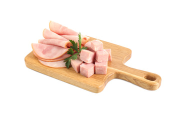 Slices of tasty fresh ham with parsley isolated on white