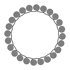 Obraz na płótnie Canvas Circle frame made by spirals on the outside. Linear spirals forming a decorative motif and pattern, constructed from repeated lines. Monochromatic illustration on white background. Vector.