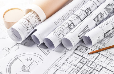 Technical drawings with measure tools. Pencil, measurement. Papers with technical drawings and...